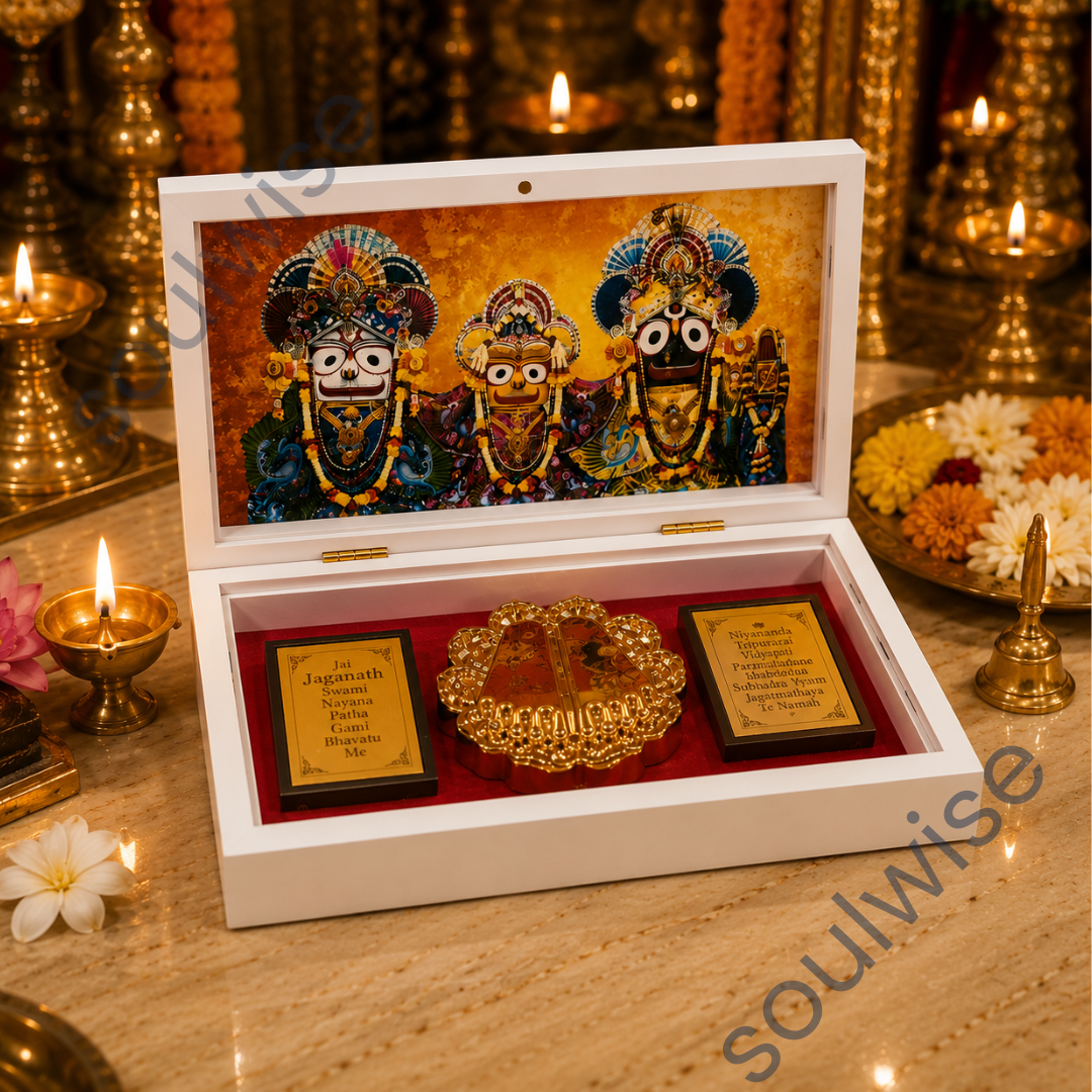 Jai Jagannath Temple Box with Golden Paduka & Divine Photo Frame – Premium Spiritual Décor & Devotional Showpiece for Home, Office & Pooja Room