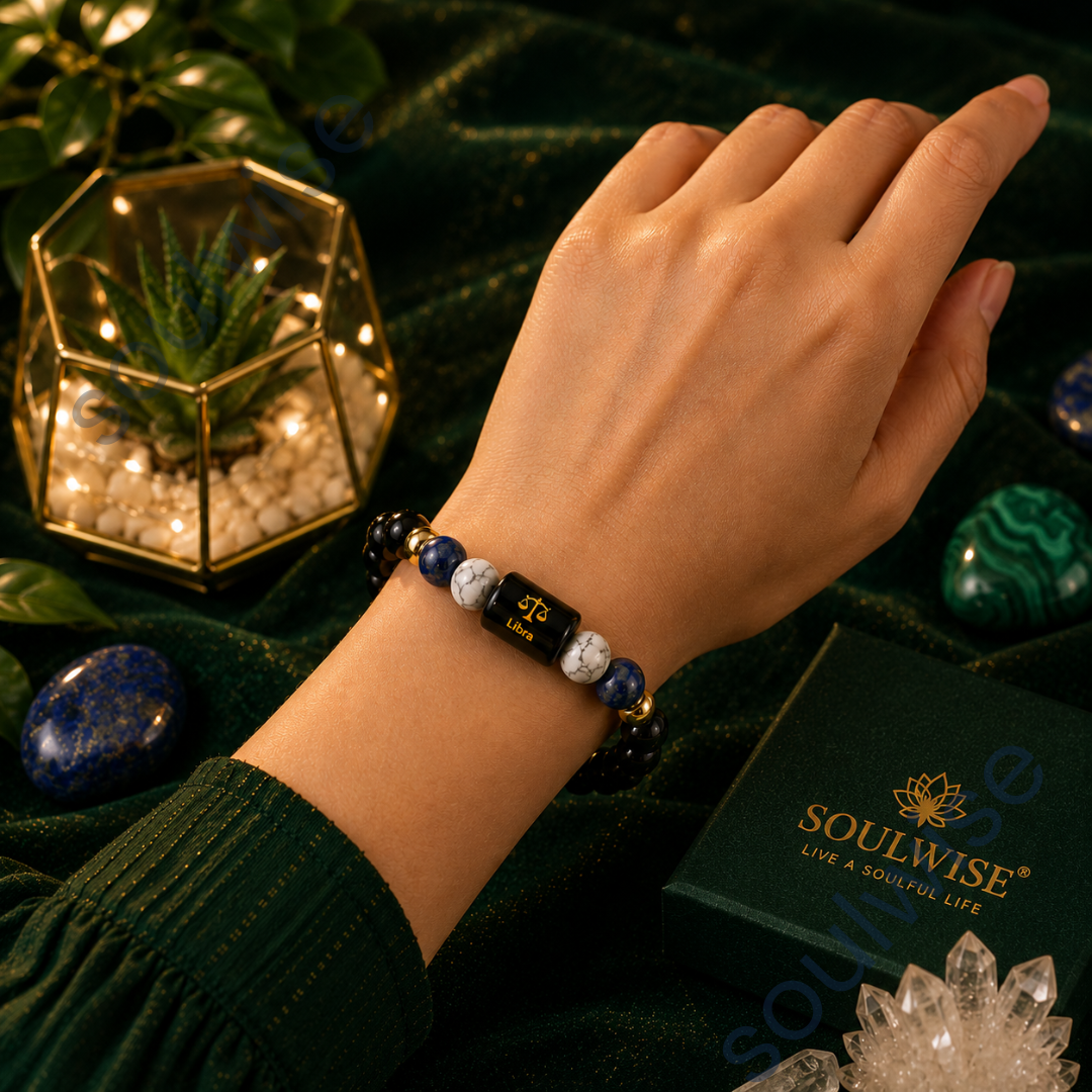 Libra (Tula Rashi) Zodiac Bracelet – Natural Howlite & Lapis Lazuli Crystal Bracelet for Balance, Harmony & Wisdom