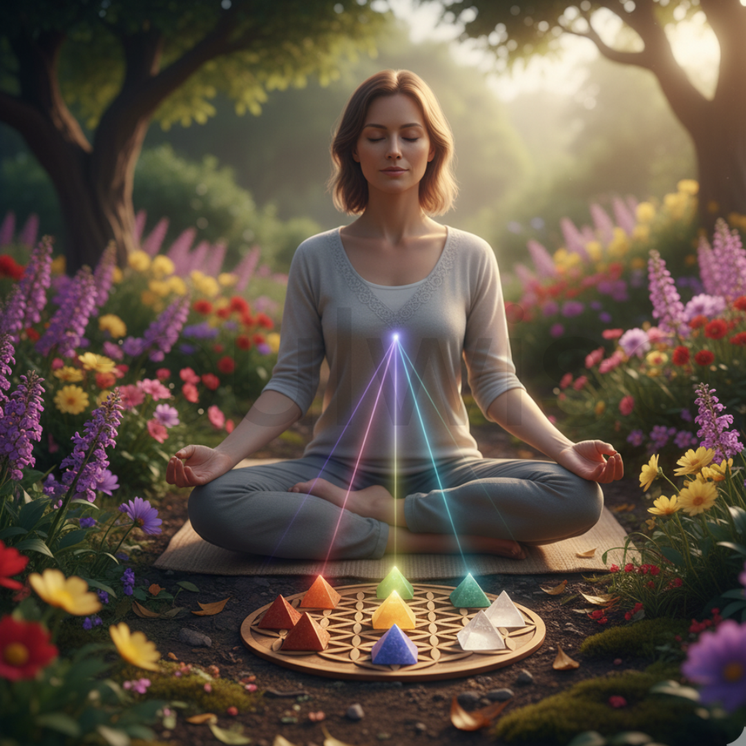 Chakra Healing Crystal Grid Set – Seven Natural Stone Pyramids for Energy Balancing, Meditation, Reiki, and Spiritual Healing – Includes Sacred Geometry Grid and Gift Box