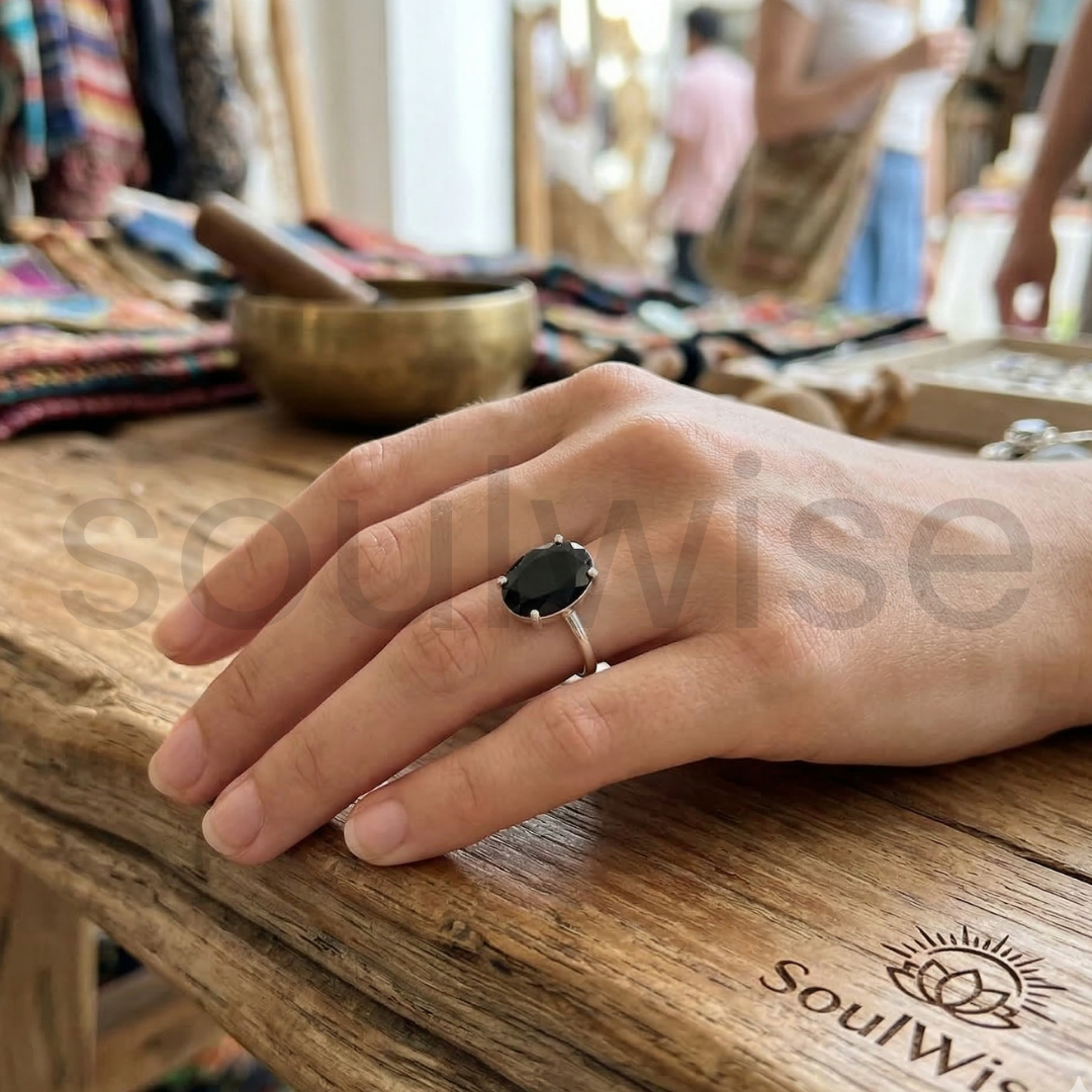 Natural Black Tourmaline Gemstone Ring – Protection,Grounding, Negative Energy & Protection