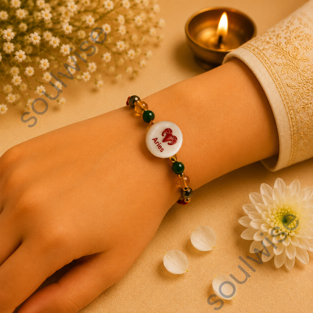 Money Magnet Aries Rakhi – Green Jade, Citrine, Pyrite & Mother of Pearl Zodiac Rakhi for Prosperity, Courage & Positive Energy