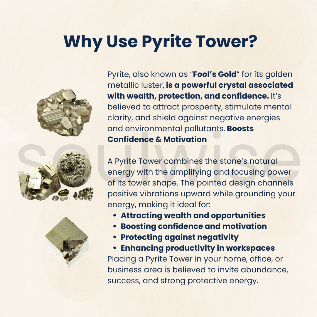 Soulwise Imported Natural Pyrite Crystal Tower Point – Golden Energy Stone for Focus, Motivation & Home Decor.