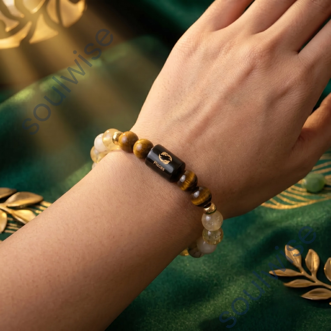 Pisces (Meen Rashi) Zodiac Bracelet – Citrine & Tiger Eye Crystal Bracelet for Confidence, Prosperity & Positive Energy