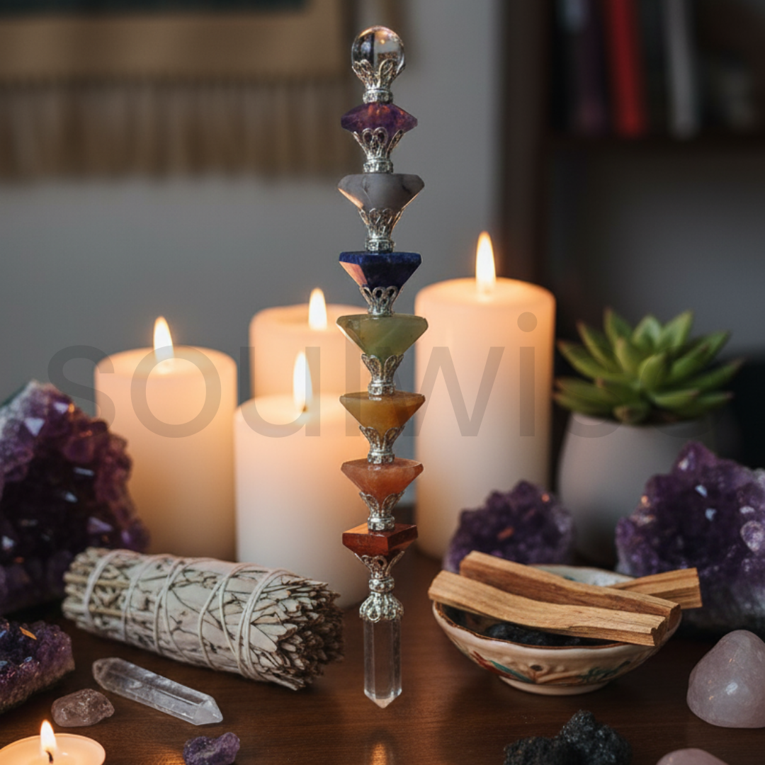 7 Chakra Mini Pyramid Healing Wand, Compact Crystal Energy Tool, Chakra Alignment, Meditation, Reiki, Spiritual Gift