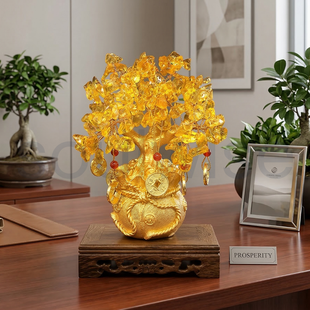 Bonsai Citrine Tree Money Tree Feng Shui,Gold Crystal Ornaments with 6 Hanging Coin Charms for Health, Wealth and Happiness((7 x 3 inch)