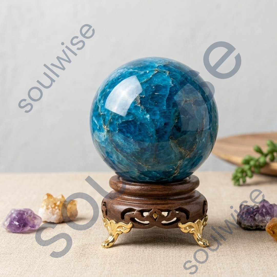 Blue Apatite Crystal Sphere (45–50mm) with Wooden Stand – Natural Healing Crystal Ball for Meditation, Reiki, Chakra Balancing & Home Décor