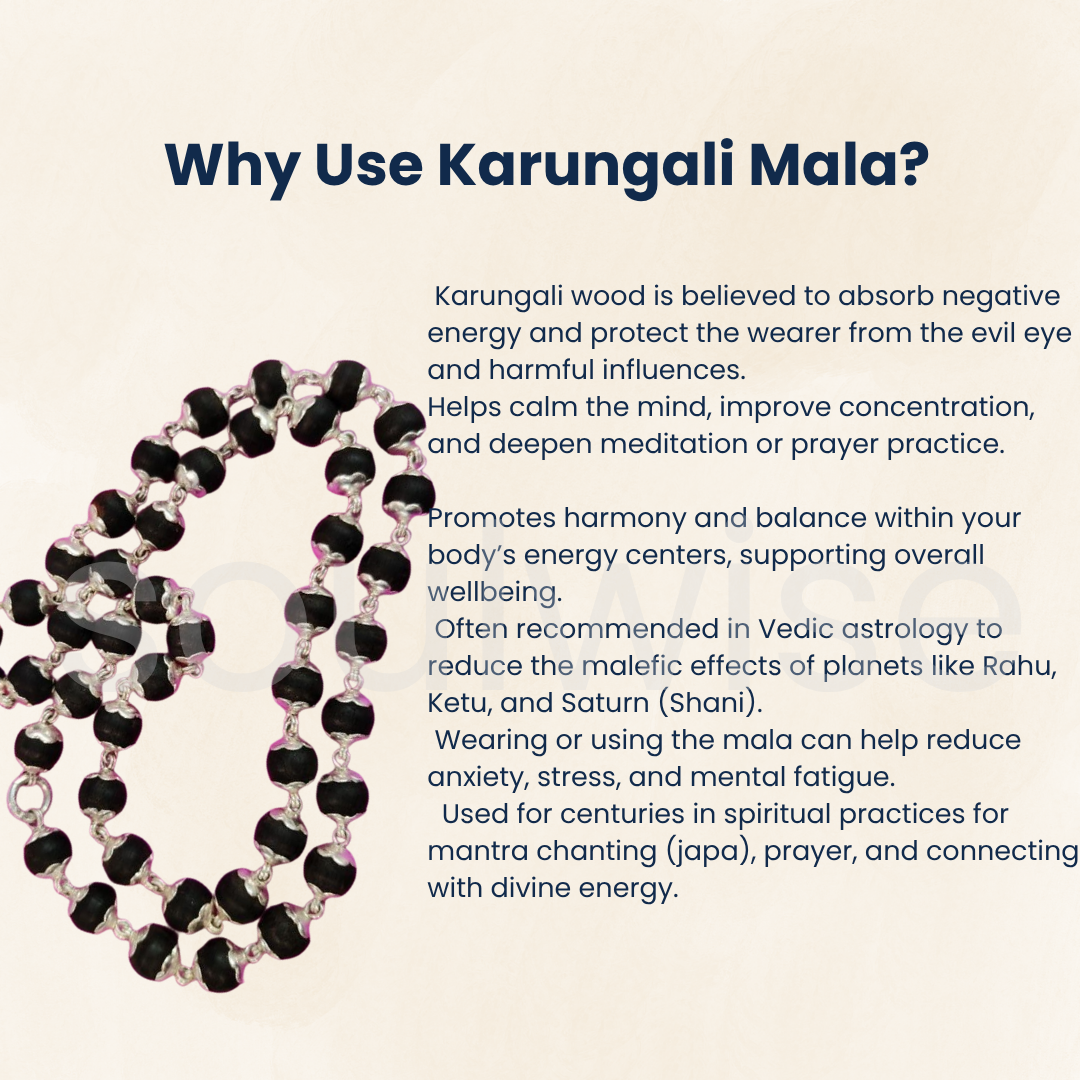 Soulwise Certified Karungali Mala 8mm – 54 Beads Natural Ebony Wood Mala with Silver Plated Caps – Traditional Spiritual Mala for Men & Women.