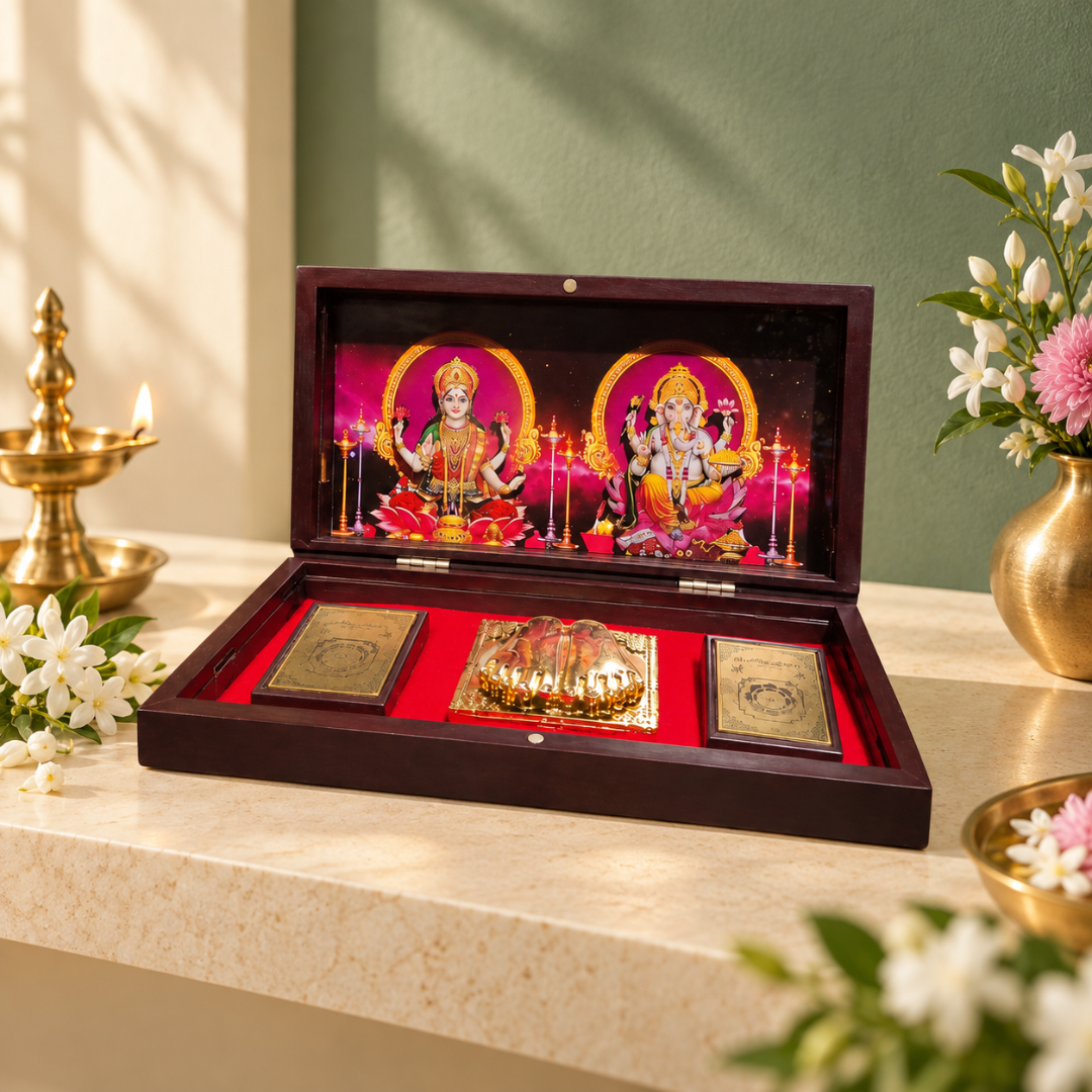 Diwali Spiritual Gift |Laxmi Ganesha Pocket Temple with Laxmi Yantra, Ganesh antra, & Charan, Gold Plated, 1 Piece 8"x5", Diwali Gift & Home Decor