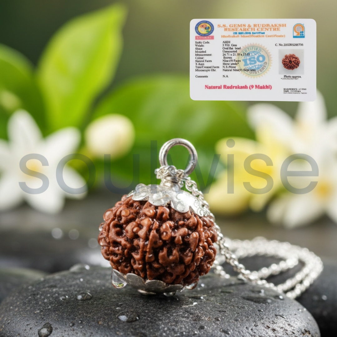 9 Mukhi Rudraksha Silver Pendant – Certified Nepalese Origin Bead for Strength, Protection & Positive Energy