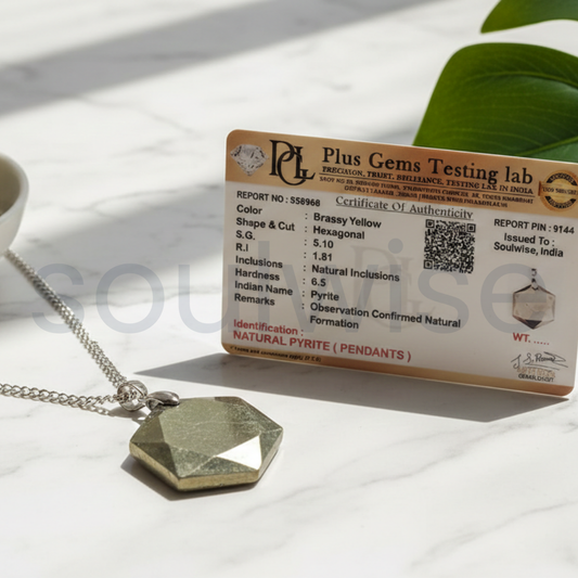 Natural Pyrite Hexagon Cut Pendant – Genuine Crystal Necklace for Wealth, Protection & Confidence | Prosperity Stone Jewelry