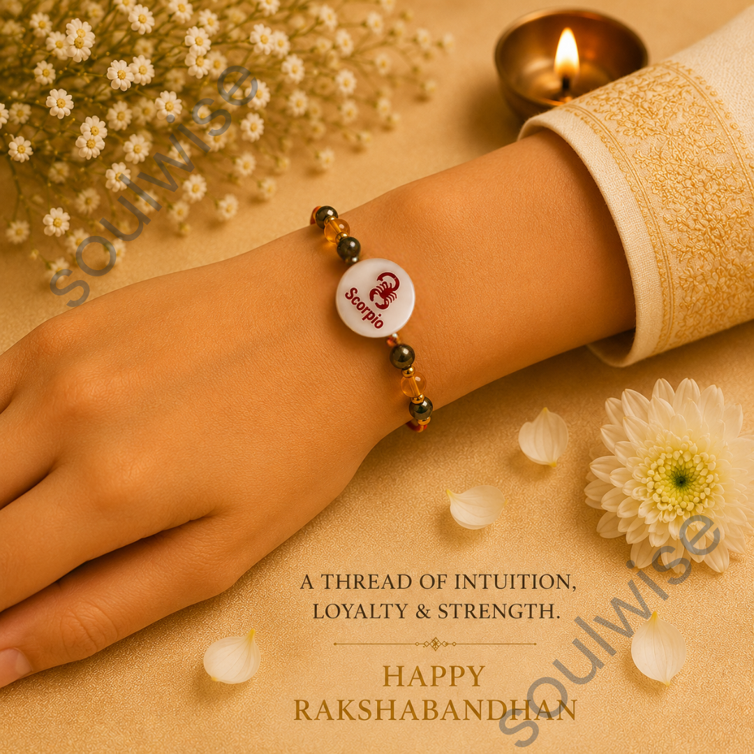 Money Magnet Scorpio Rakhi – Green Jade, Citrine, Pyrite & Mother of Pearl Zodiac Rakhi for Prosperity, Strength & Positive Energy