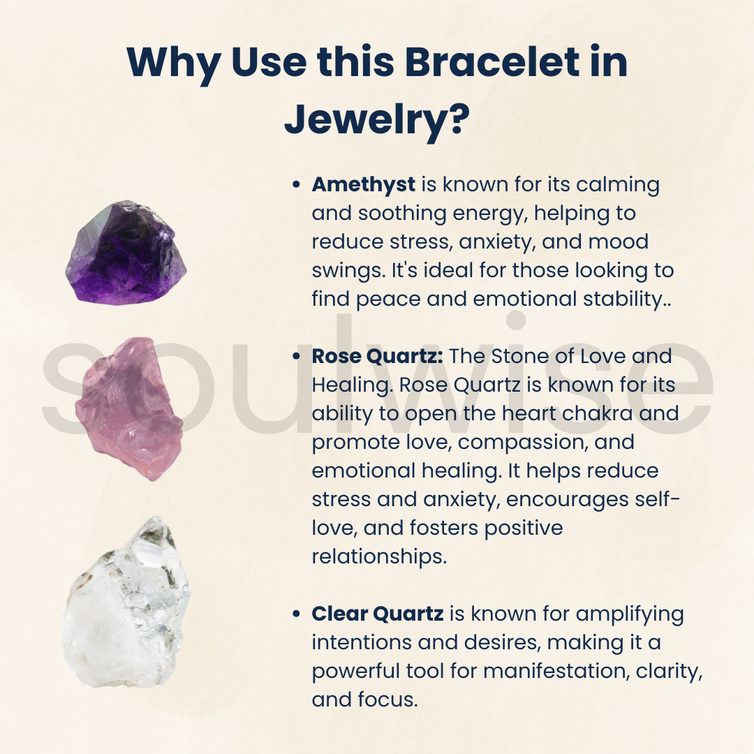 Healing Crystal Bracelet – Rose Quartz, Amethyst & Clear Quartz – 8mm