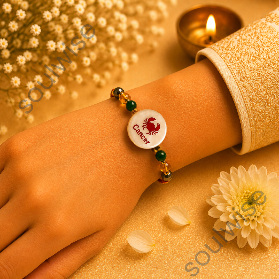 Money Magnet Cancer Rakhi – Green Jade, Citrine, Pyrite & Mother of Pearl Zodiac Rakhi for Prosperity, Emotional Balance & Positive Energy