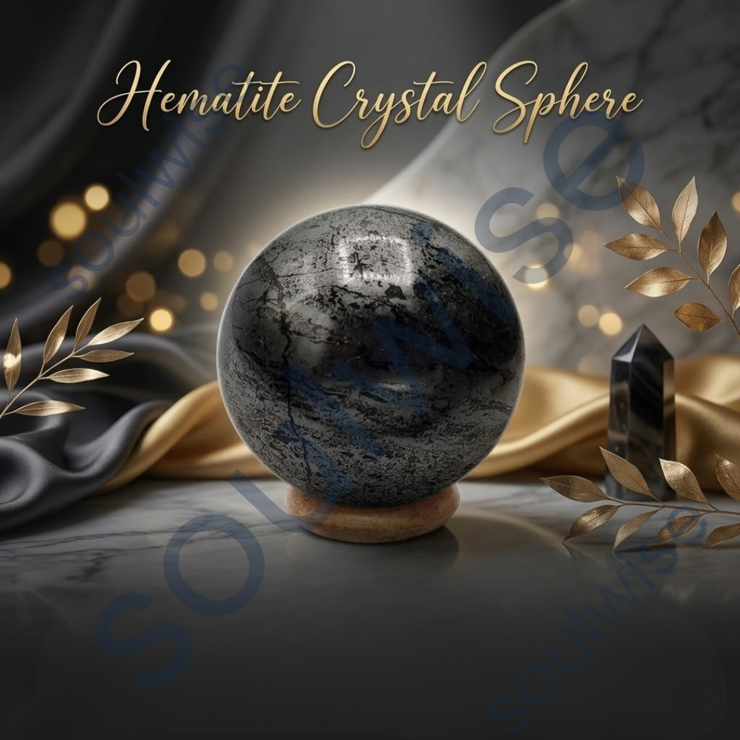 Hematite Crystal Sphere with Stand – Natural Healing Crystal Ball for Grounding, Protection & Mental Clarity | Reiki Meditation Chakra Healing Stone & Spiritual Home Décor