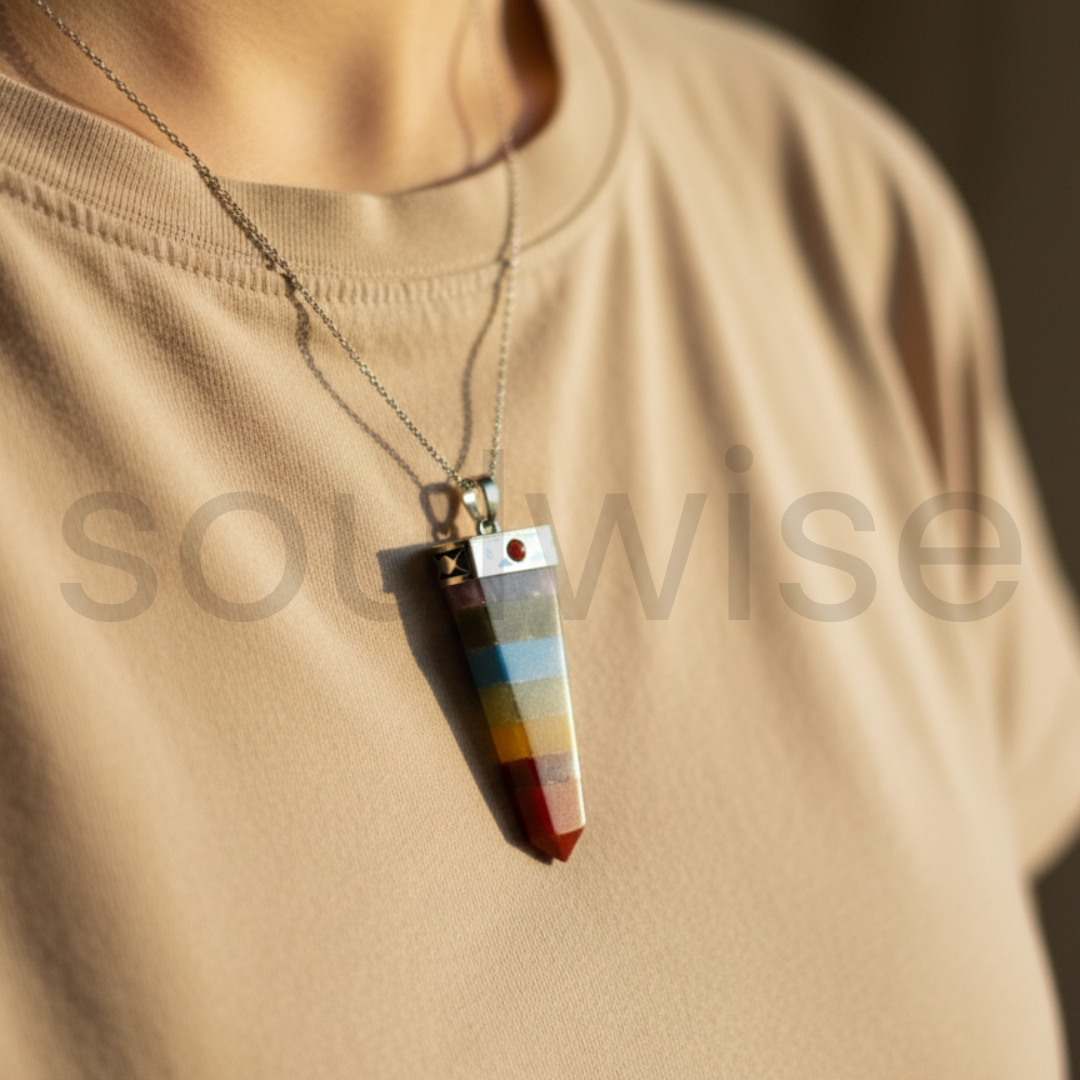 7 Chakra Flat Crystal Pendant for Men & Women – Natural Healing Gemstone Energy Necklace for Reiki, Meditation & Spiritual Balance