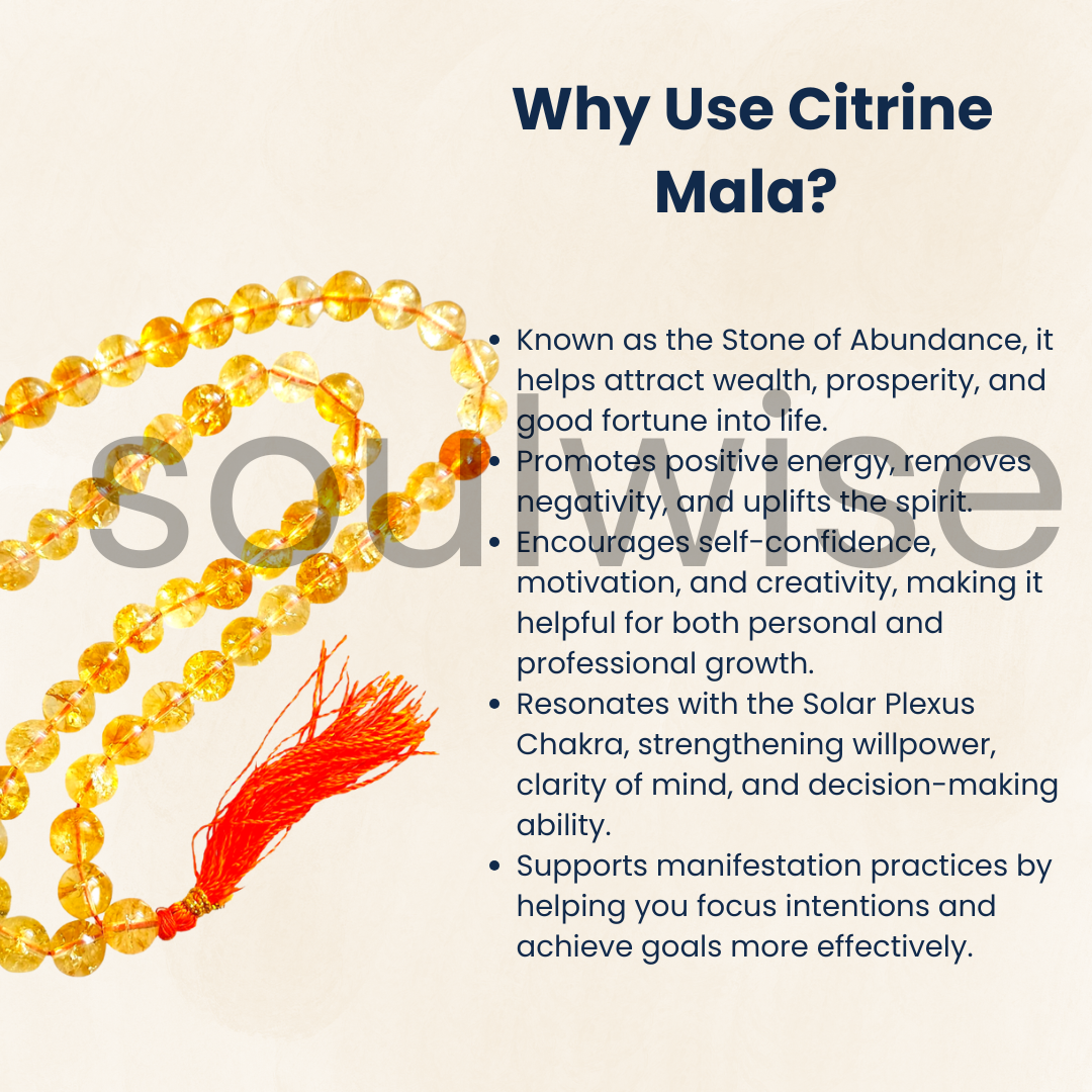 Soulwise Natural Citrine Jaap Mala 108+1 Beads (8mm) | Prayer Beads for Meditation, Mantra Chanting, Positivity, Wealth & Chakra Balancing