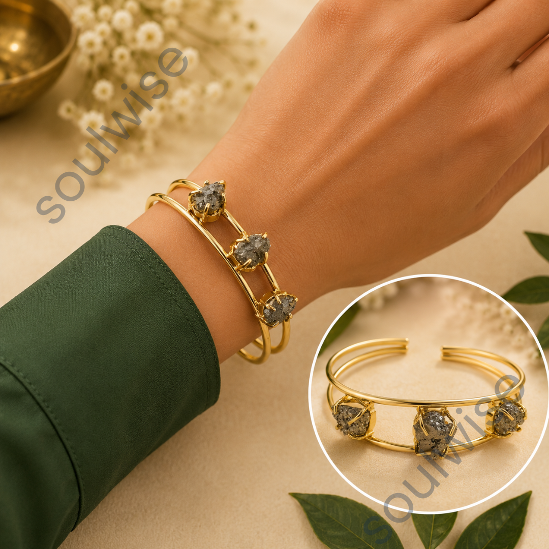Double Cuff Raw Pyrite Bangle – Natural Crystal Cuff Bracelet for Prosperity, Confidence, Protection & Positive Energy