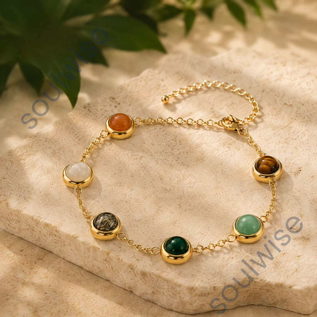 Natural Multi-Stone Healing Crystal Anklet/Bracelet | Gold-Tone Adjustable Gemstone Bracelet for Positive Energy