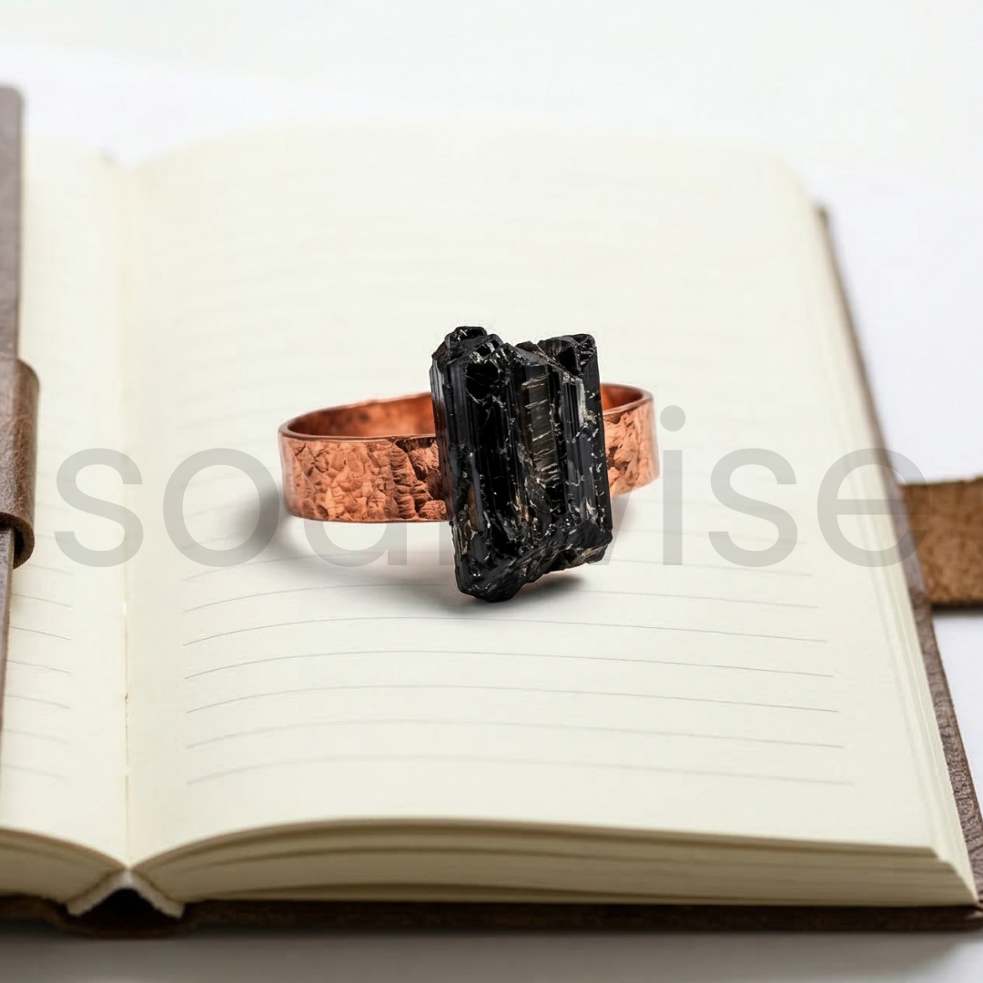 Black Tourmaline copper ring, adjustable, for protection, energy healings, and well-being, unisex copper ring