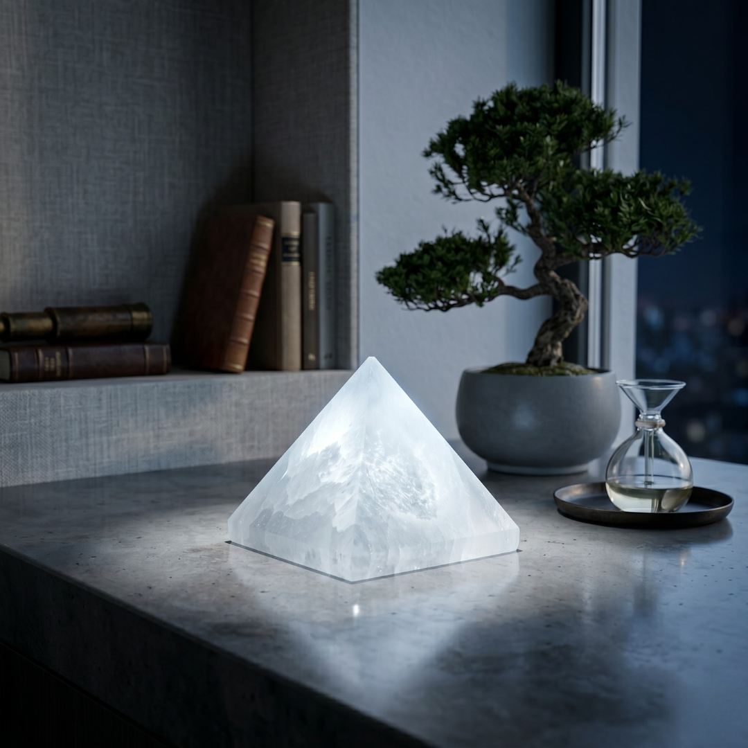 Selenite Pyramid – White Crystal Showpiece for Meditation, Home Décor, Sacred Spaces & Spiritual Gifting
