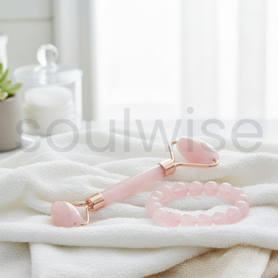 Soulwise Crystal Facial Massage Tools – Rose Quartz Bracelet & Rose Quartz Face Roller for Her | Ideal Gift for Birthday, Anniversary, Valentine's Day | Relaxation & Skincare Combo for Sister