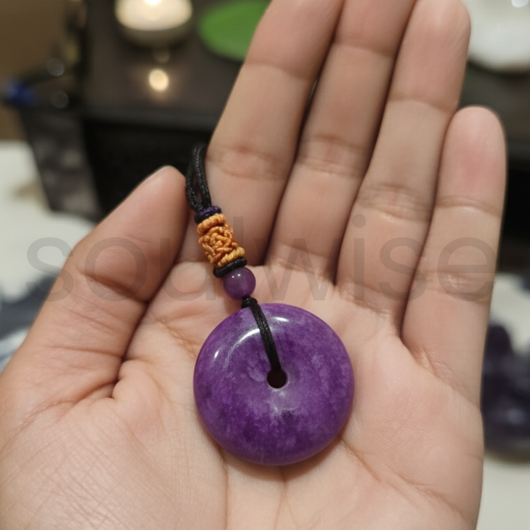 Natural Suji Light Donut Pendant with Black Cord, Handcrafted Crystal Jewellery