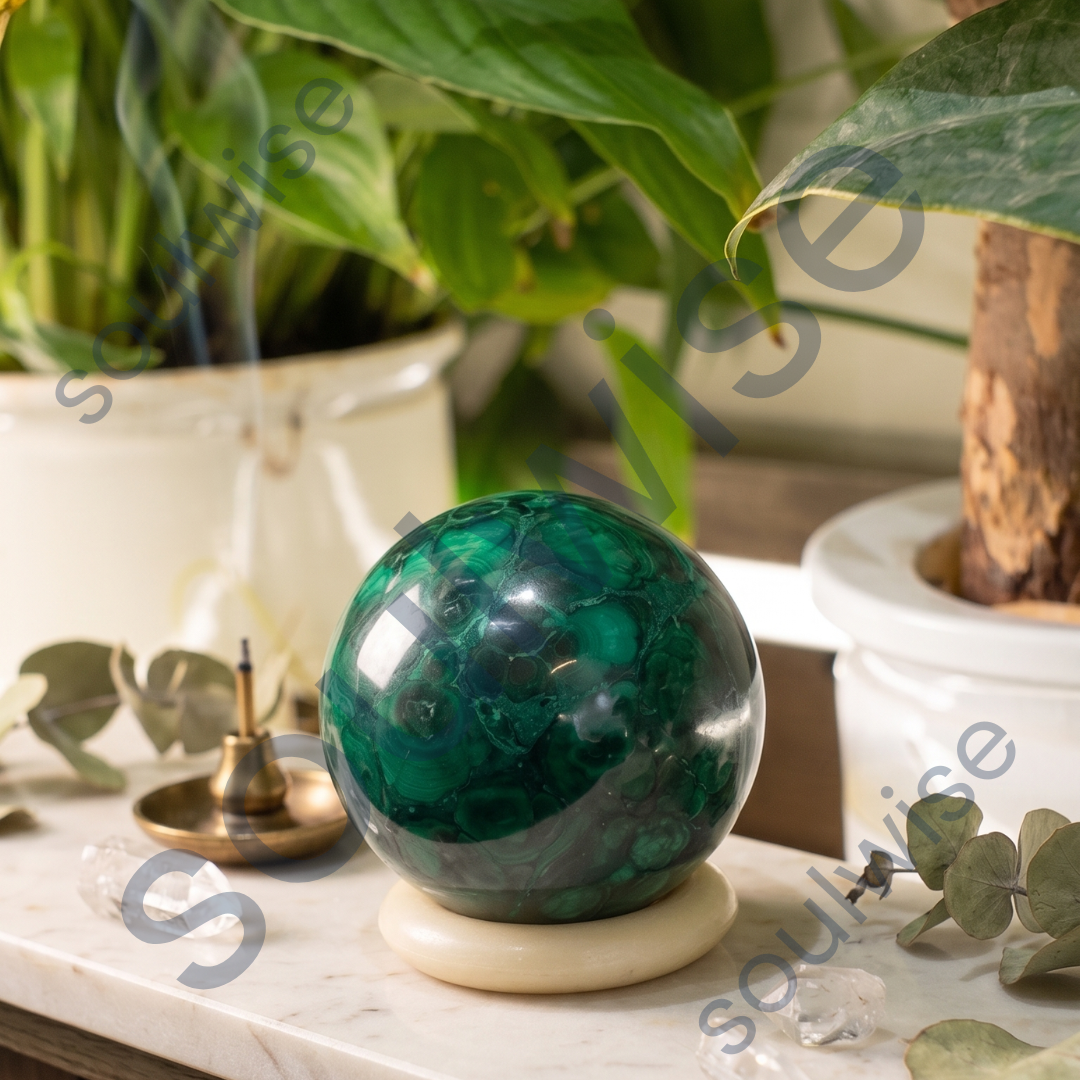 Malachite Crystal Sphere (50–55mm) – Natural Green Malachite Healing Crystal Ball for Meditation, Reiki, Chakra Balancing & Home Décor