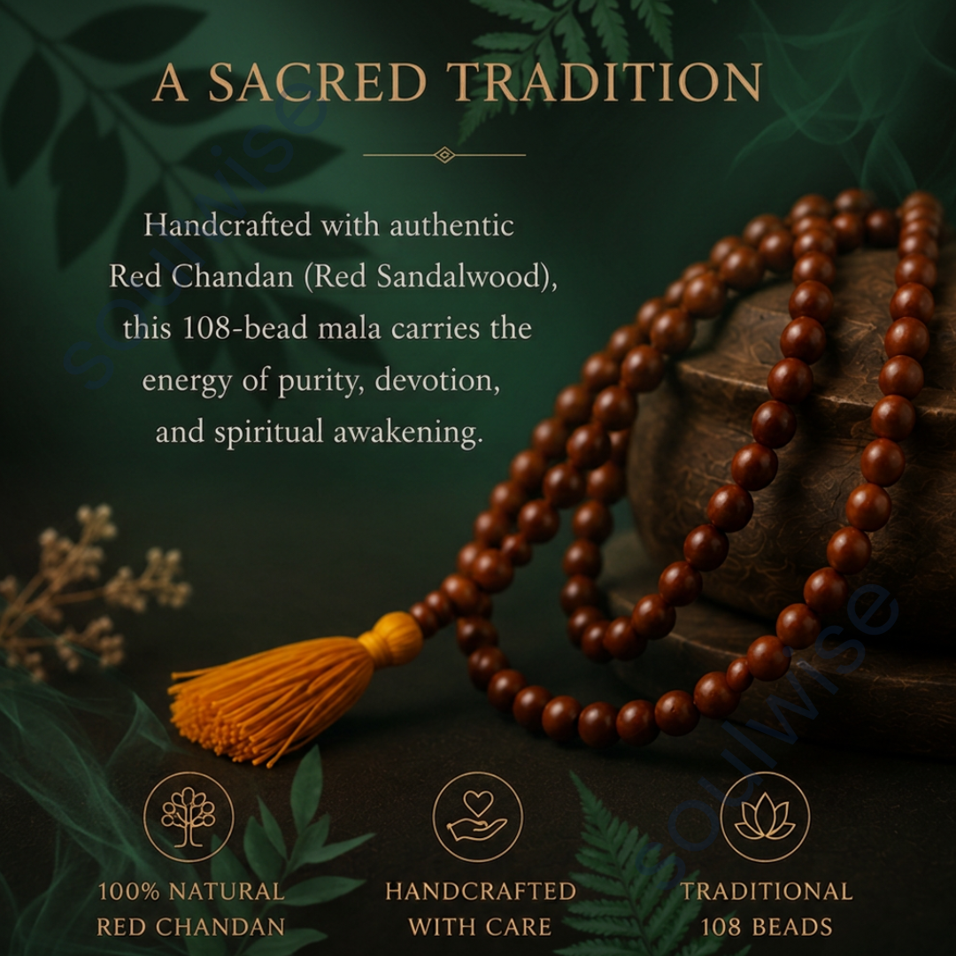 Red Sandalwood Mala (Lal Chandan Mala) 6mm – Natural Wooden Prayer Mala for Meditation, Mantra Chanting, Yoga & Spiritual Wellness