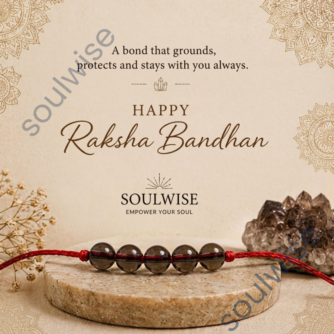Smoky Quartz 5 Beads Rakhi – Natural Crystal Rakhi for Grounding, Protection, Emotional Balance & Positive Energy