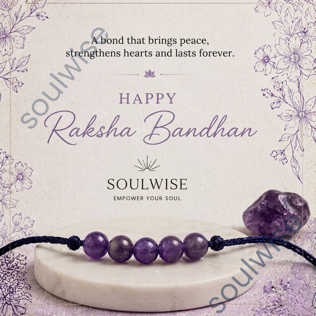 Amethyst 5 Beads Rakhi – Natural Crystal Rakhi for Peace, Calmness, Stress Relief & Positive Energy