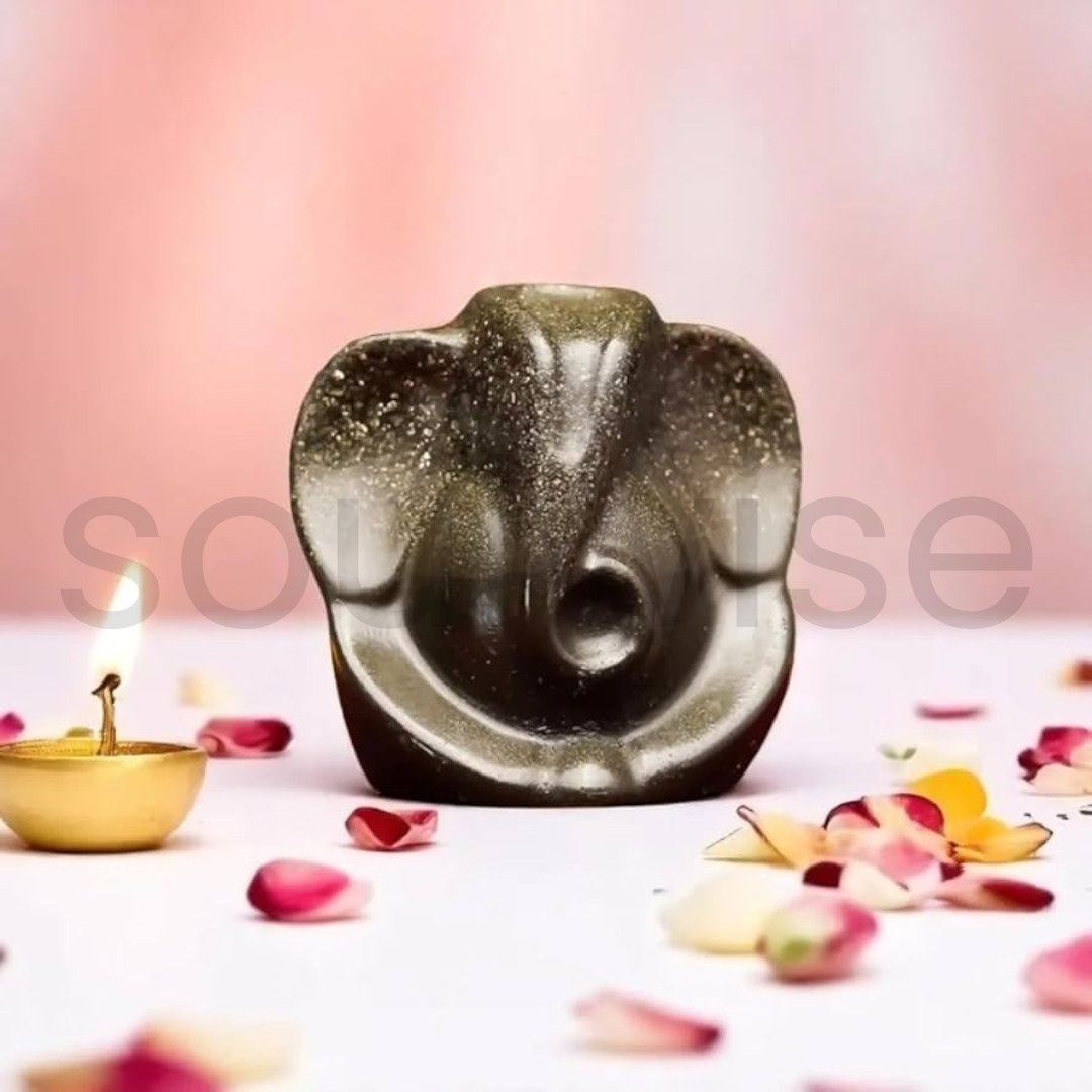Lord Ganesha Pyrite Idol, Natural Stone Figurine, Black Grey Crystal Formation.