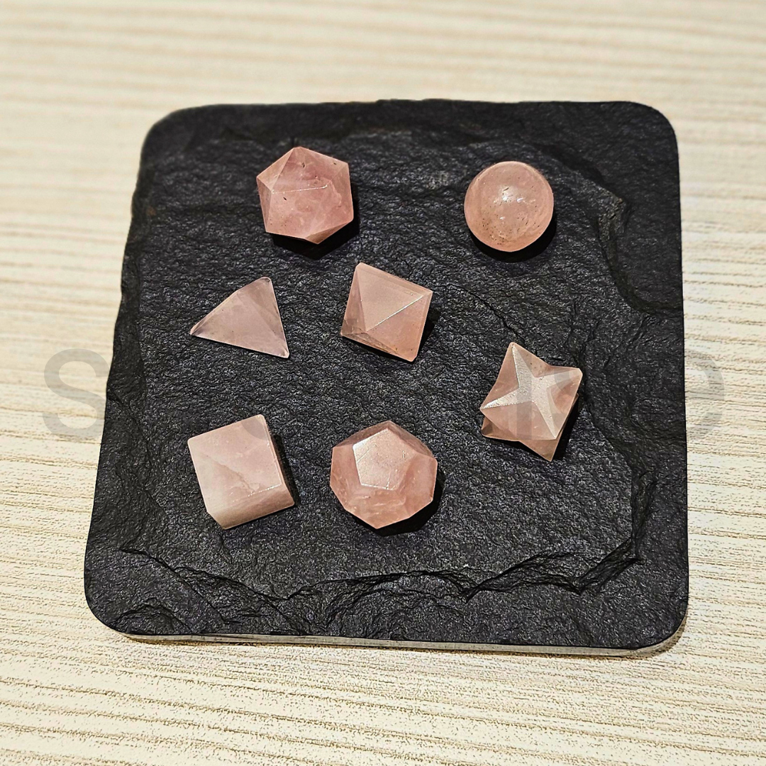 Soulwise Rose Quartz Sacred Geometry Set – 7-Piece Polished Crystal Shapes for Energy Healing, Meditation & Chakra Alignment