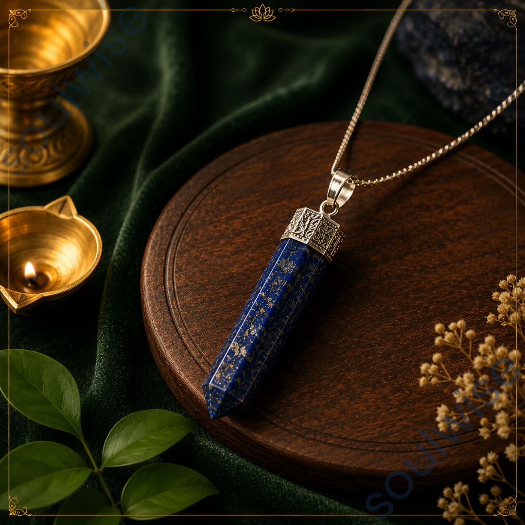 Natural Lapis Lazuli Pencil Pendant – Healing Crystal Necklace for Wisdom, Communication, Intuition & Mental Clarity