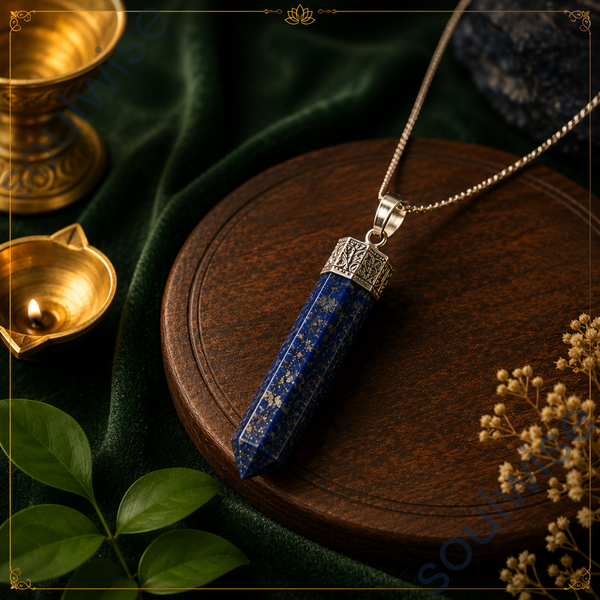 Natural Lapis Lazuli Pencil Pendant – Healing Crystal Necklace for Wisdom, Communication, Intuition & Mental Clarity