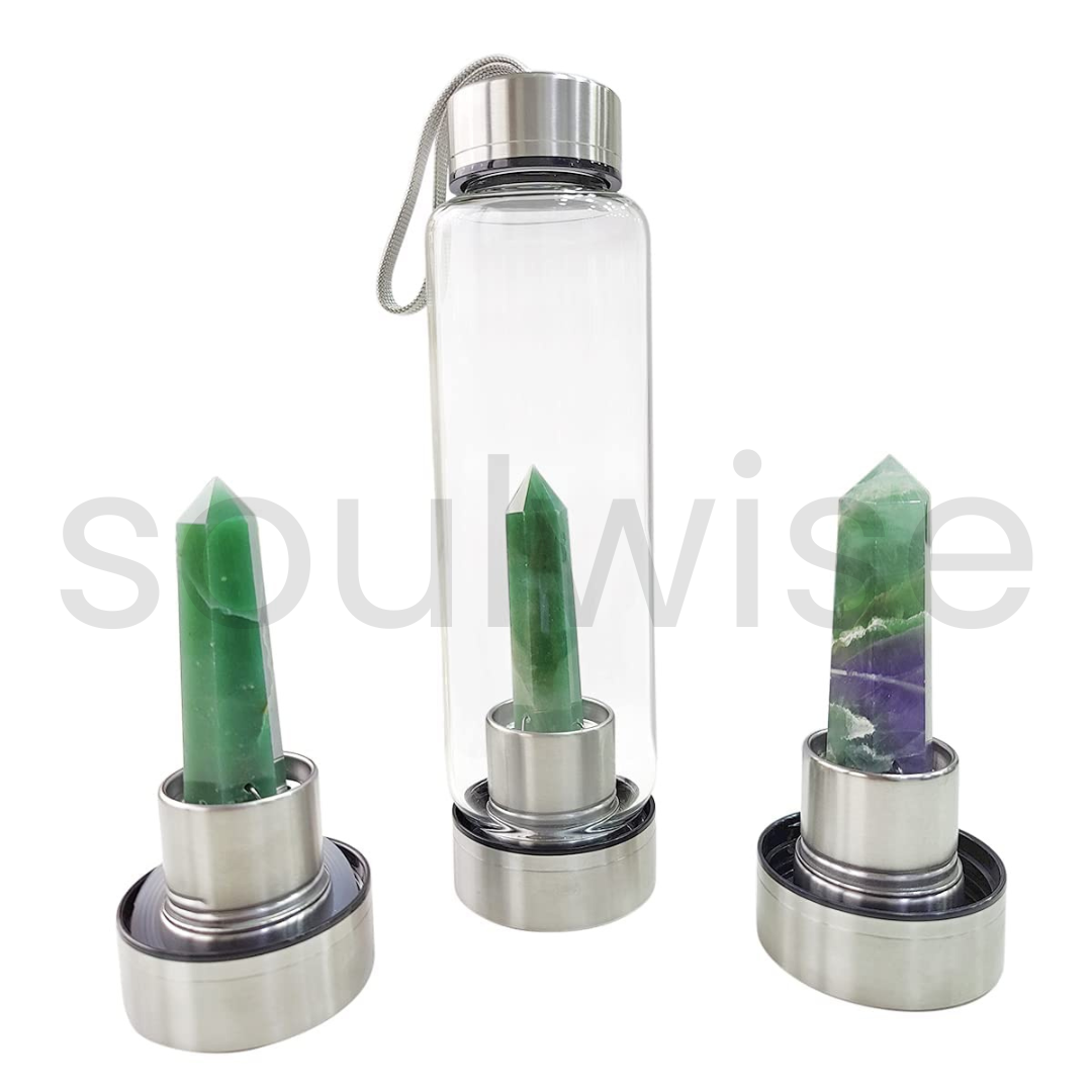 Green Aventurine Elixir Water Bottle 500 ml, Infused with Green Aventurine attract luck, abundance, healing crystal Point Pencil Leak Proof Stainless Steel Cap