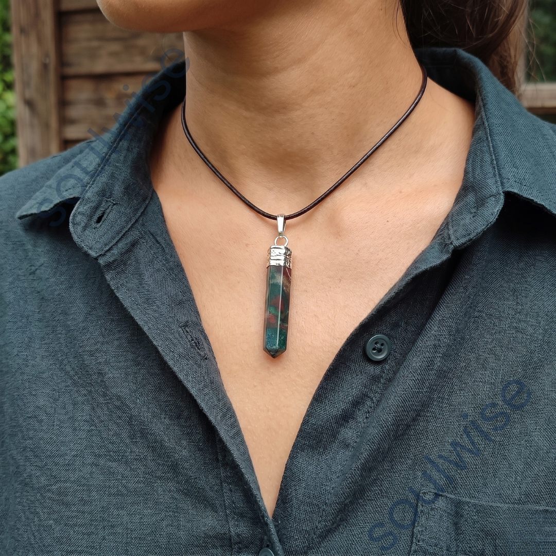Bloodstone Pencil Pendant – Natural Healing Crystal Necklace for Strength, Courage, Grounding & Positive Energy