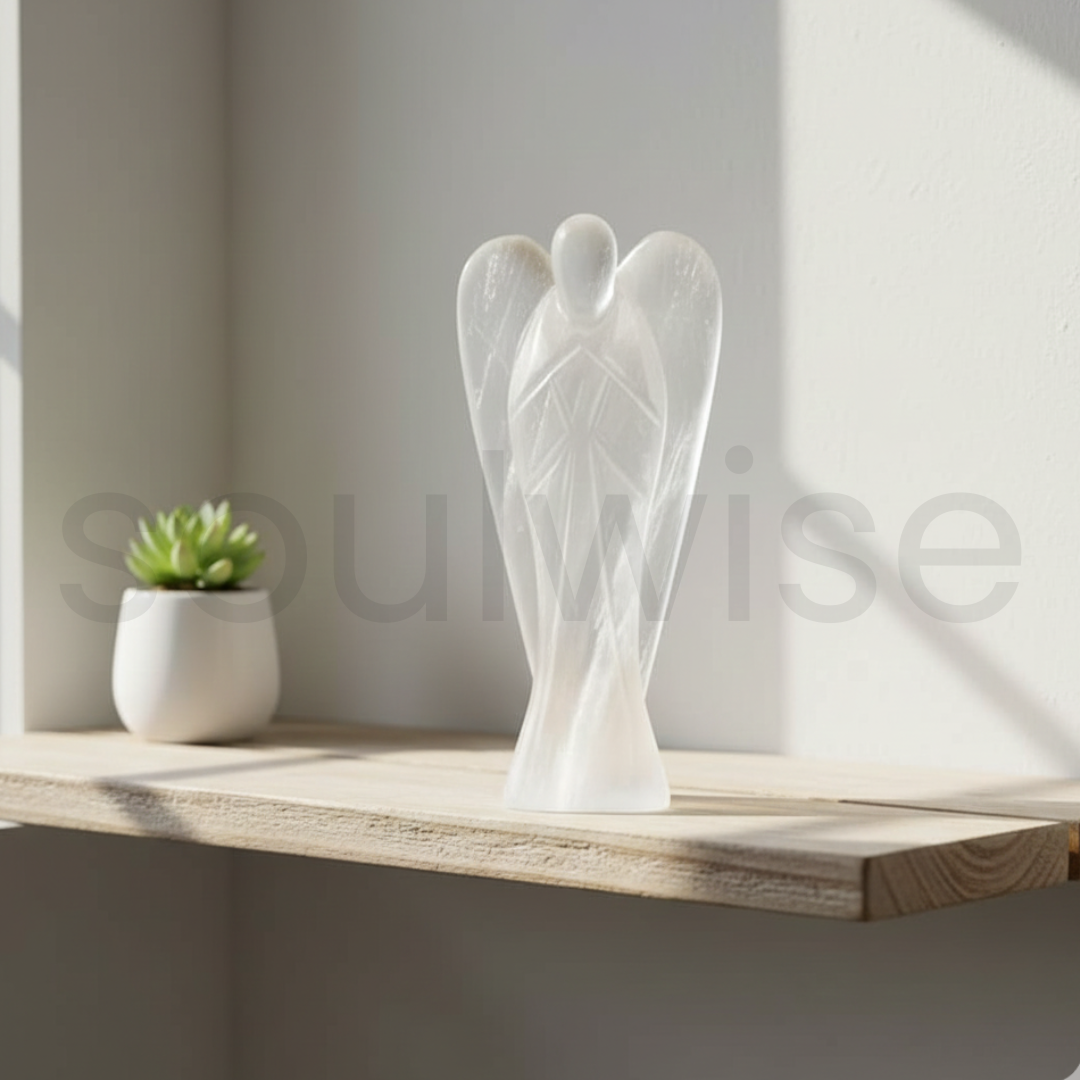 Selenite Angel – Hand-Carved Pure White Crystal Guardian for Cleansing, Protection & Positive Energy (7- inch)