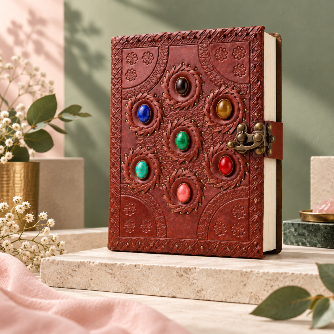 7 Chakra Crystal Manifestation Journal – Leather Bound 8" × 6" Notebook for Gratitude, Goal Setting & Daily Reflection