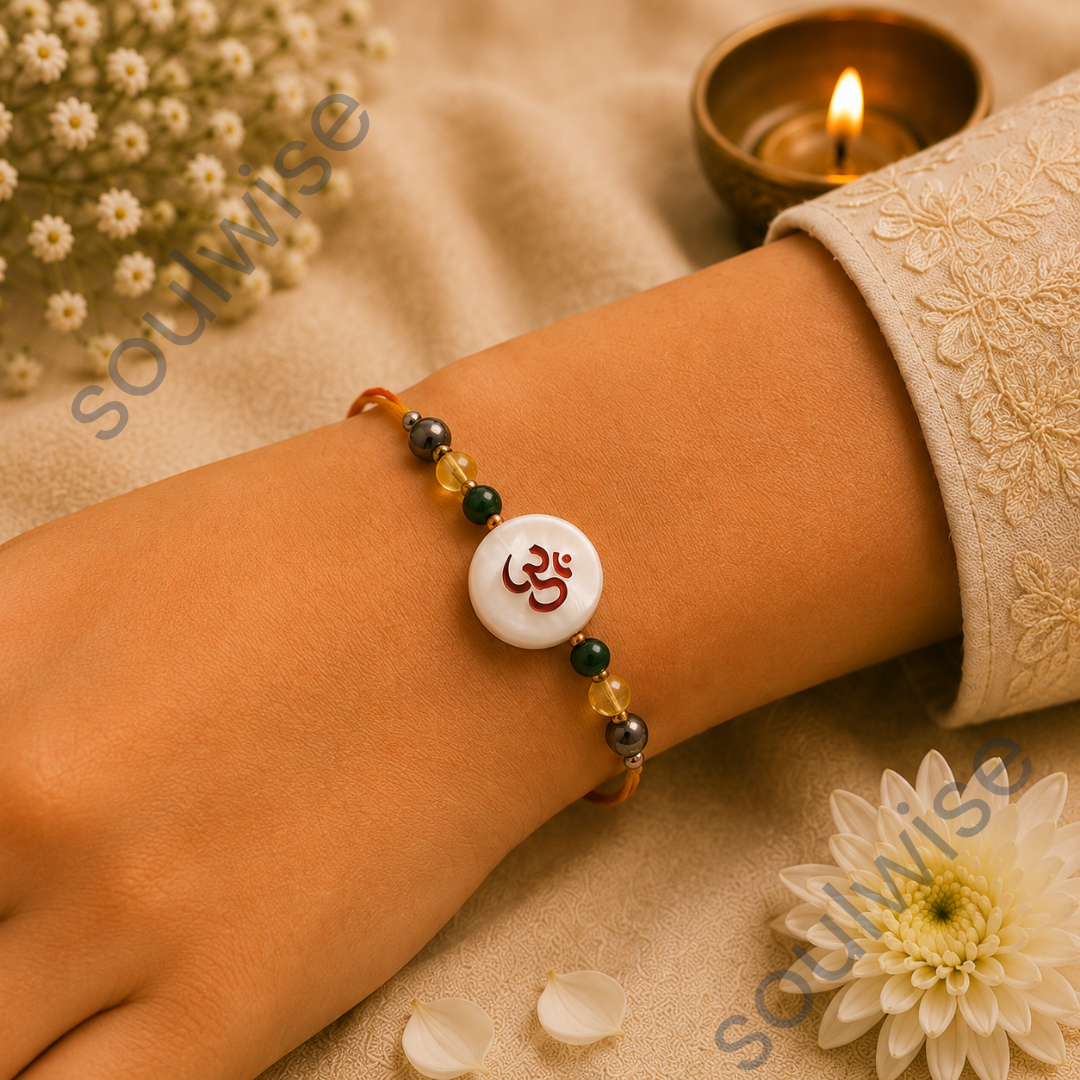 Money Magnet OM Rakhi – Green Jade, Citrine, Pyrite & Mother of Pearl Rakhi for Prosperity, Protection & Positive Energy