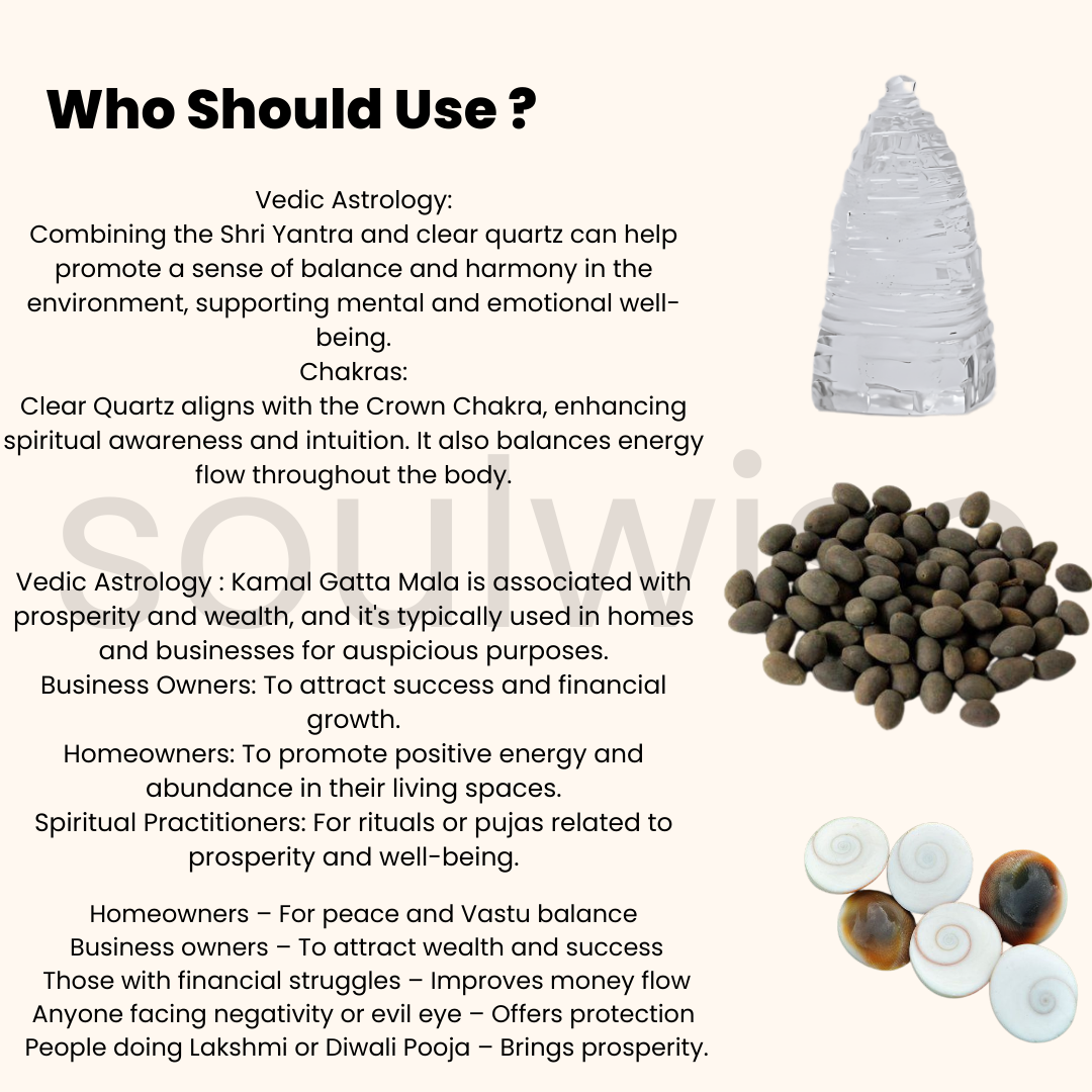 Diwali Spiritual Combo – Gomti Chakra (Set of 5) + Kamal Gatta Mala + Energized Shree Yantra (1 Inch) | Vastu Pooja Gift for Wealth, Prosperity & Protection