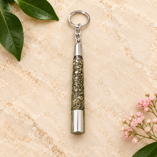 Pyrite Druzy Ethnic Pipe Keychain – 5.5" Handcrafted Tribal Jewelry with Natural Pyrite Crystal – Unique Boho Gift for Protection, Style & Energy Grounding