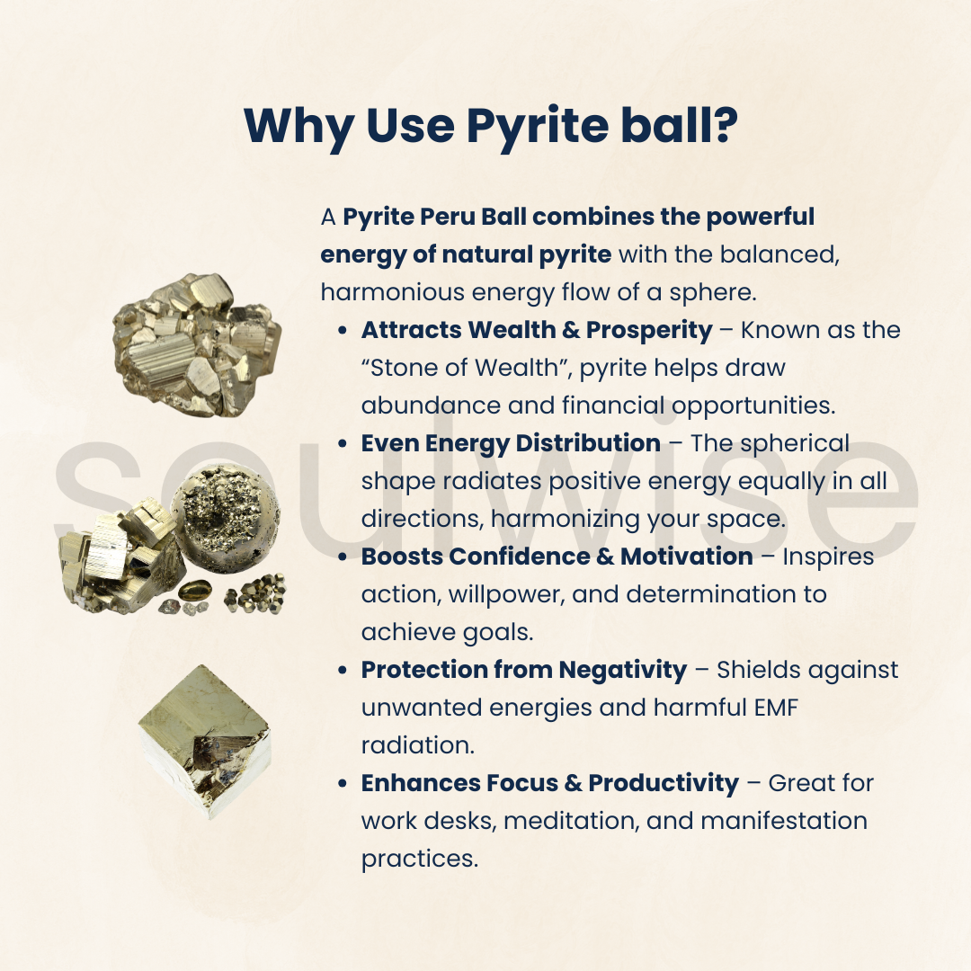 Soulwise Natural Pyrite Crystal Sphere – Golden Energy Stone for Prosperity, Positive Vibes & Home Decor.