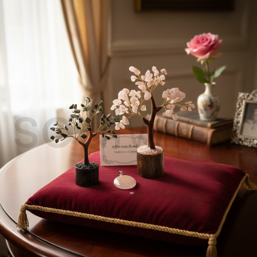 Rose Quartz and Pyrite Crystal Tree Pair with Rose Quartz Angelic Symbol Pendant, Valentine's Day Gift for Love, Positivity and Healing Energy