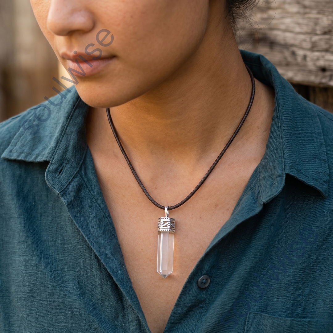 Clear Quartz Pencil Pendant – Natural Sphatik Crystal Necklace for Clarity, Positive Energy, Reiki & Chakra Balancing