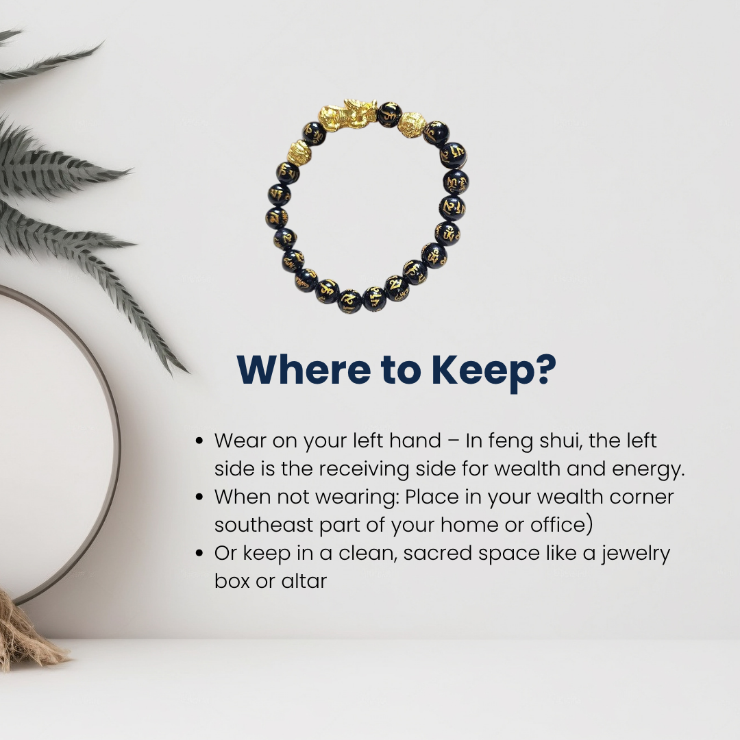 Natural Black Onyx Pi Xiu Beads Bracelet with Gold Accents for Protection, Aura Cleansing, and Abundance