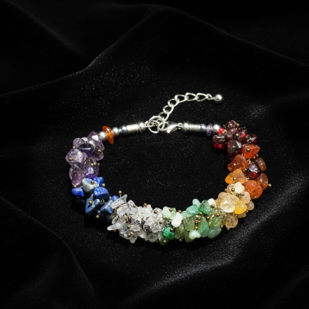 Seven  Chakra Healing Crystal Chip Bracelet – Natural Gemstone Energy Balance Bracelet for Women & Men
