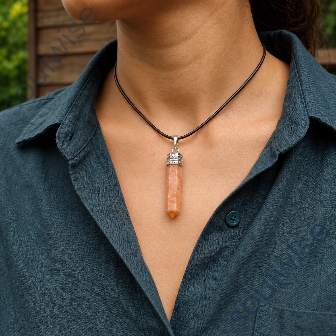 Natural Sunstone Pencil Pendant – Healing Crystal Necklace for Positivity, Confidence, Success & Personal Empowerment