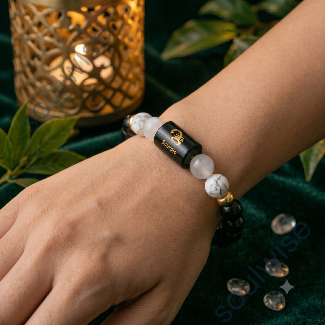 Scorpio (Vrishchik Rashi) Zodiac Bracelet – Natural Obsidian & Clear Quartz Crystal Bracelet for Protection, Strength & Clarity
