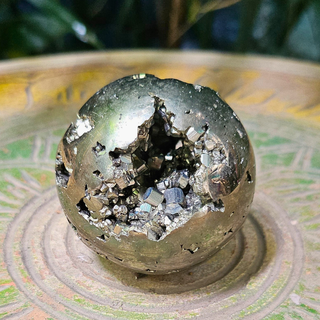 Soulwise Natural Peru Pyrite Crystal Sphere – Imported Golden Energy Stone for Motivation, Focus & Home Decor.