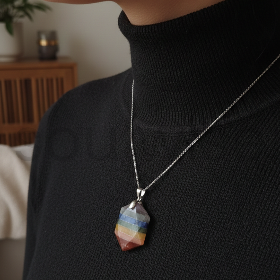 Seven Chakra Hexagon Pendant – Natural Healing Crystal Necklace for Energy Balance, Protection & Spiritual Alignment (Unisex)